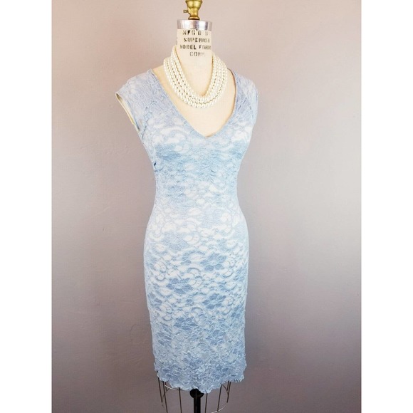 Ruby Pale Blue Stretch Lace Bodycon Lined Pencil Dress Women's Medium - Picture 2 of 7